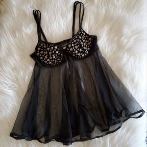 Frederick's of Hollywood Black Sheer Babydoll with Golden Hearts Cute Bra Design